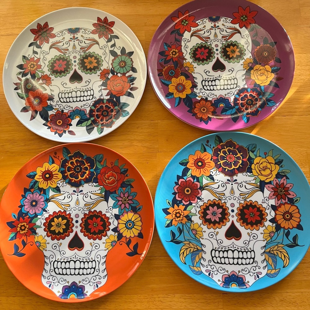 Melamine Day of the Dead Sugar Skull Set of 4 Dinner Plates